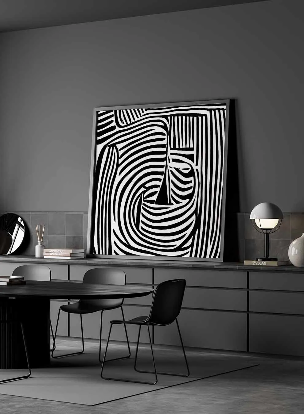 Square Canvas Wall Art Stretched Over Wooden Frame with Black Floating Frame and Sea Waves Abstract Painting