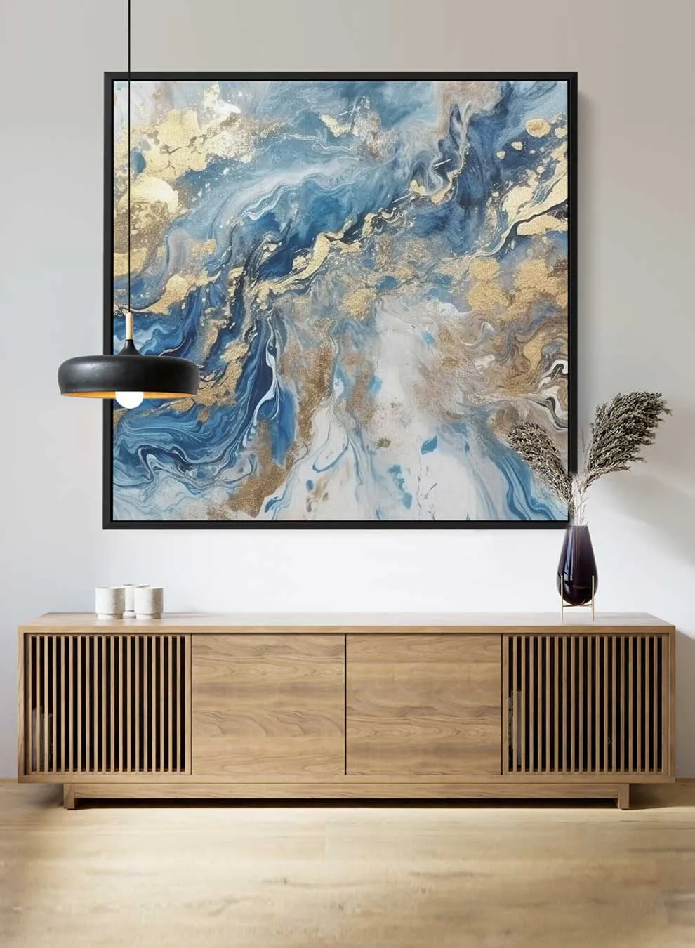Square Canvas Wall Art Stretched Over Wooden Frame with Black Floating Frame and Shades Of Blue Marble Painting