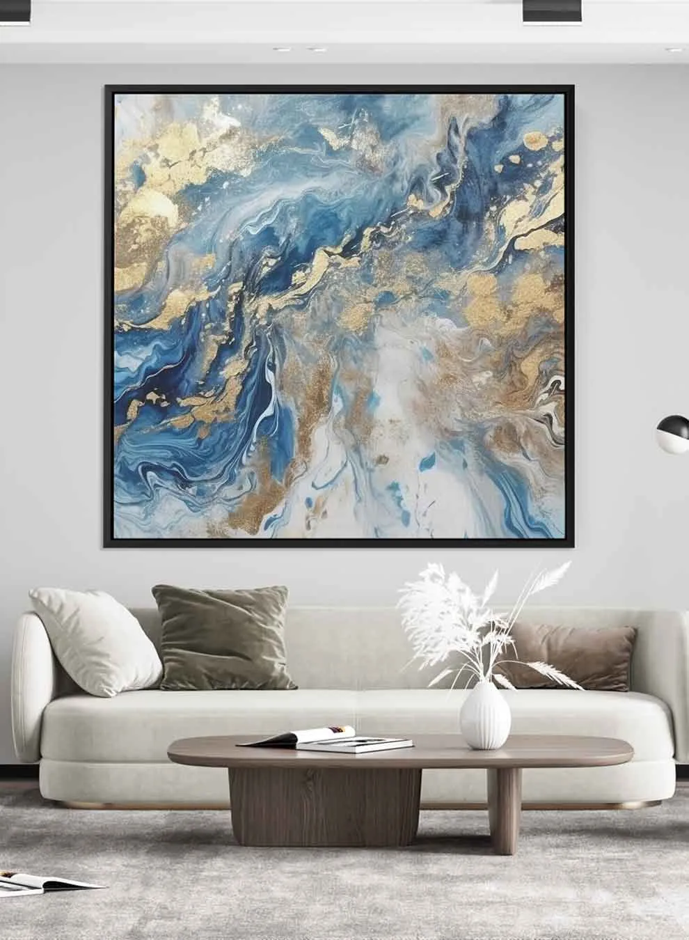 Square Canvas Wall Art Stretched Over Wooden Frame with Black Floating Frame and Shades Of Blue Marble Painting