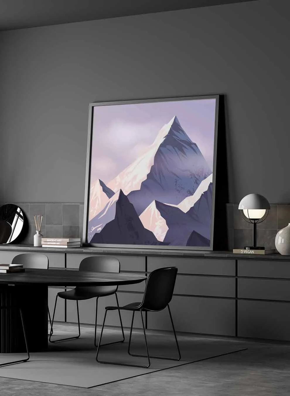 Square Canvas Wall Art Stretched Over Wooden Frame with Black Floating Frame and Sunrise Of Snow Mountains Painting