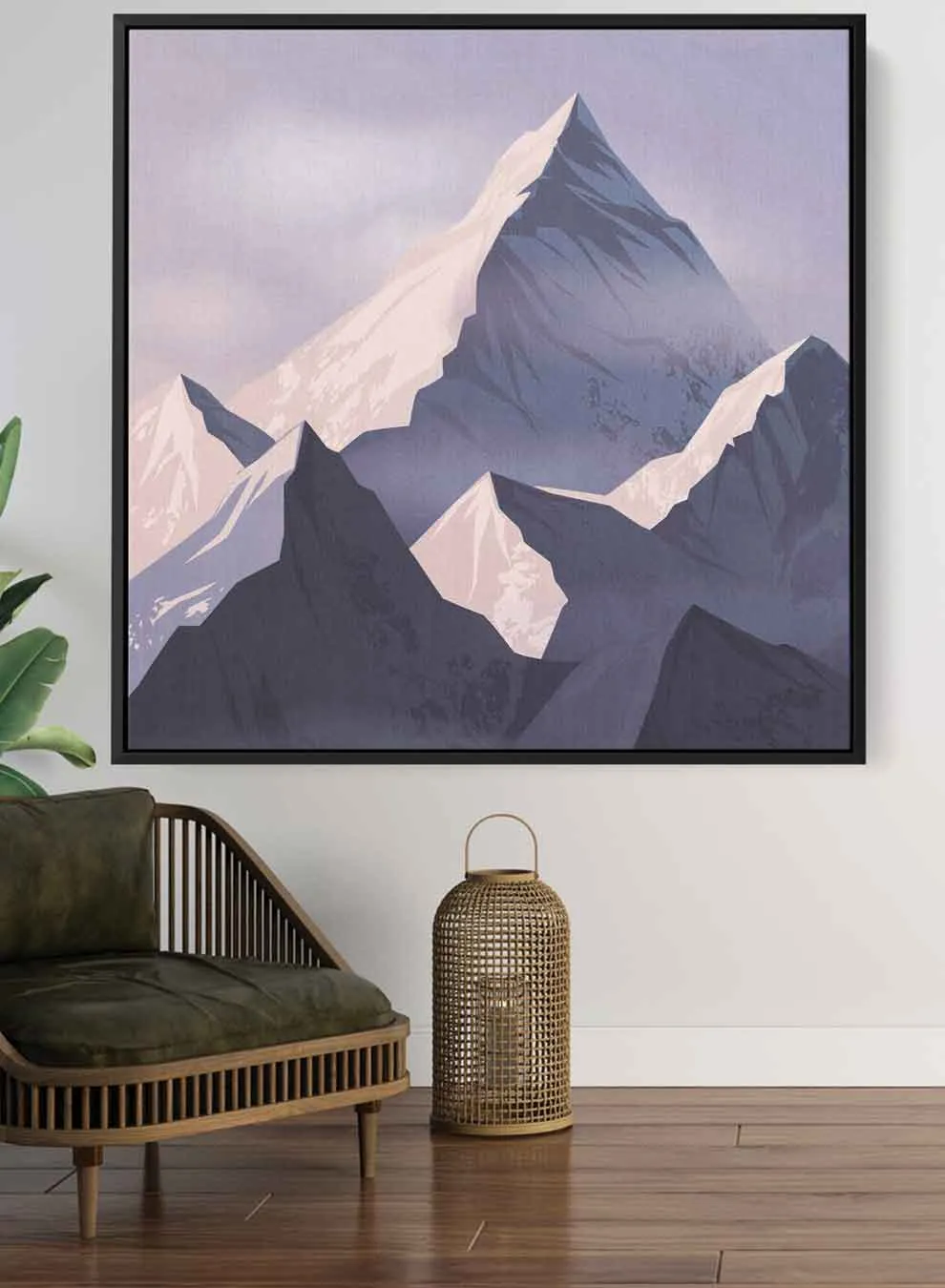 Square Canvas Wall Art Stretched Over Wooden Frame with Black Floating Frame and Sunrise Of Snow Mountains Painting