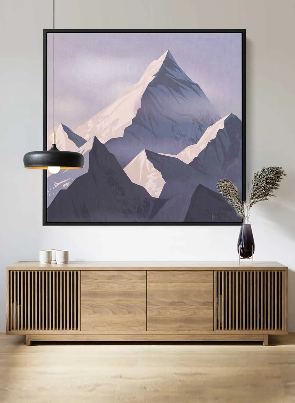Square Canvas Wall Art Stretched Over Wooden Frame with Black Floating Frame and Sunrise Of Snow Mountains Painting