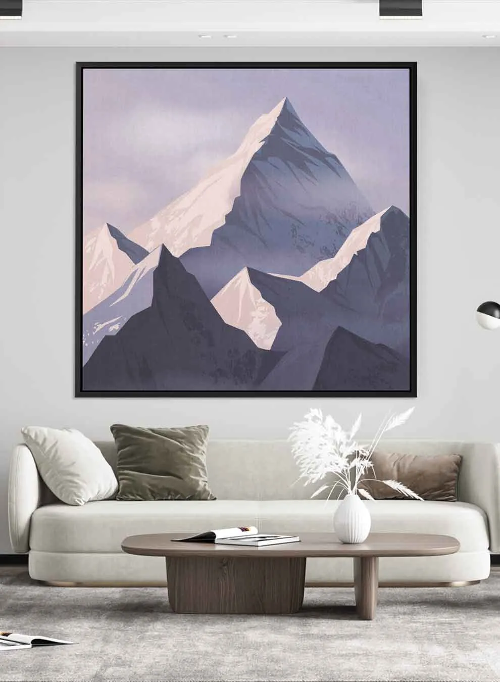 Square Canvas Wall Art Stretched Over Wooden Frame with Black Floating Frame and Sunrise Of Snow Mountains Painting