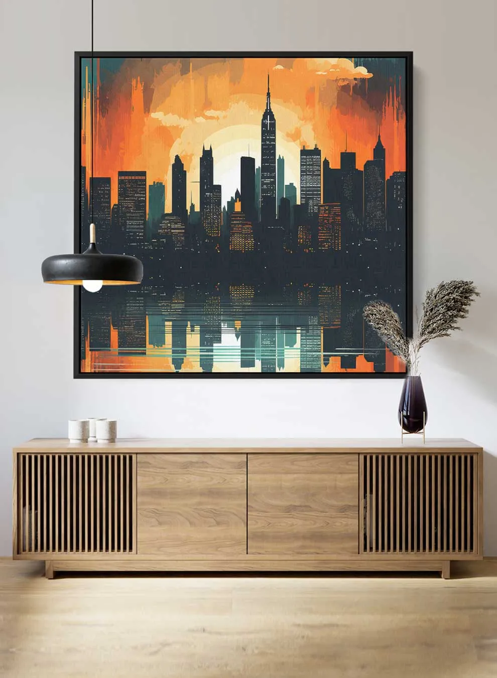Square Canvas Wall Art Stretched Over Wooden Frame with Black Floating Frame and Sunset On Manhattan  Painting