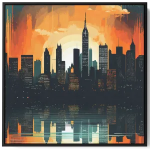 Square Canvas Wall Art Stretched Over Wooden Frame with Black Floating Frame and Sunset On Manhattan  Painting