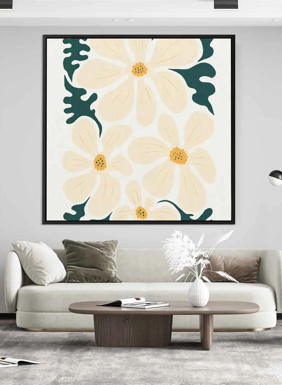 Square Canvas Wall Art Stretched Over Wooden Frame with Black Floating Frame and Trendy Abstract Floral Painting