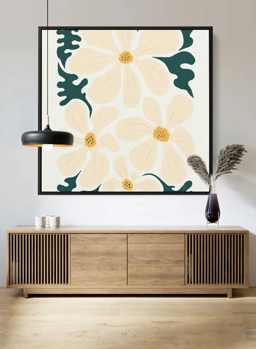 Square Canvas Wall Art Stretched Over Wooden Frame with Black Floating Frame and Trendy Abstract Floral Painting