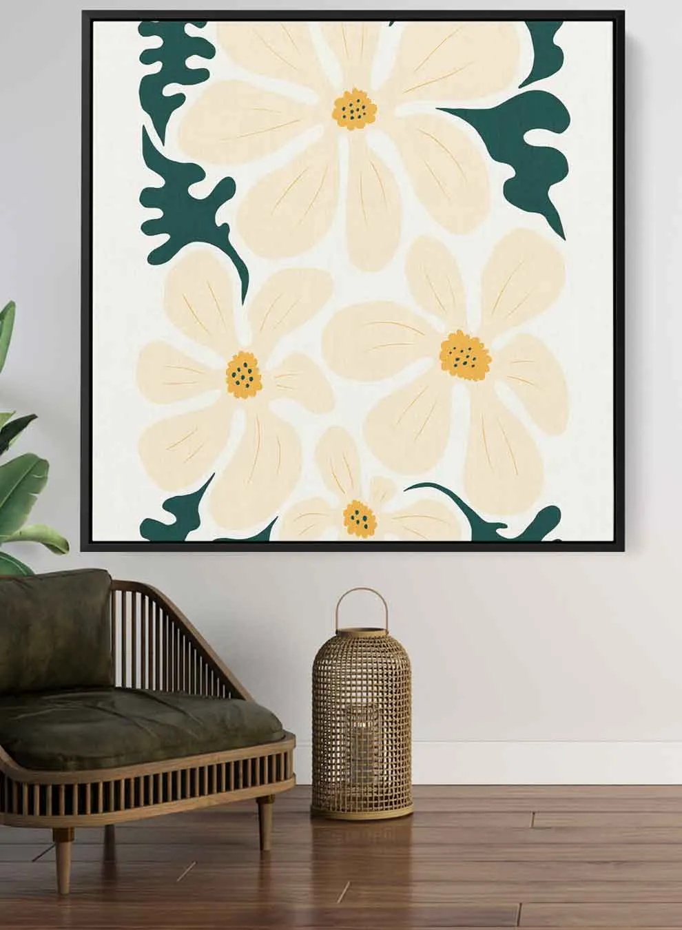 Square Canvas Wall Art Stretched Over Wooden Frame with Black Floating Frame and Trendy Abstract Floral Painting
