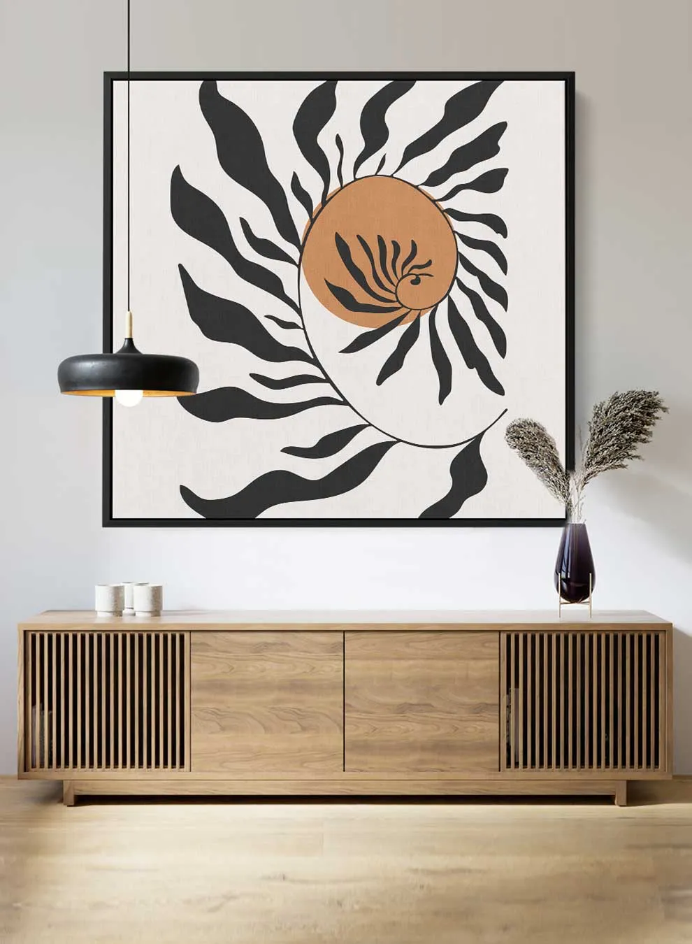 Square Canvas Wall Art Stretched Over Wooden Frame with Black Floating Frame and Trendy Floral Abstract Painting