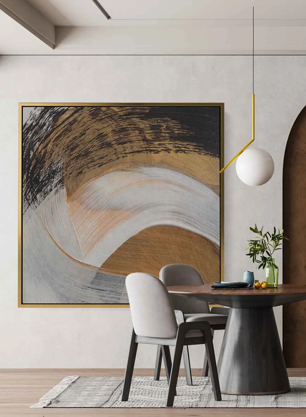 Square Canvas Wall Art Stretched Over Wooden Frame with Gold Floating Frame and Beautiful Country House Painting