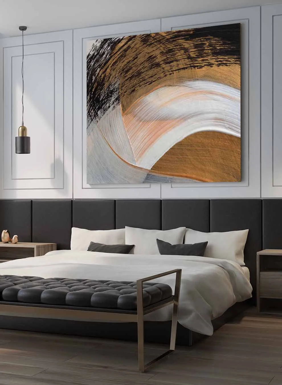 Square Canvas Wall Art Stretched Over Wooden Frame with Gold Floating Frame and Beautiful Country House Painting