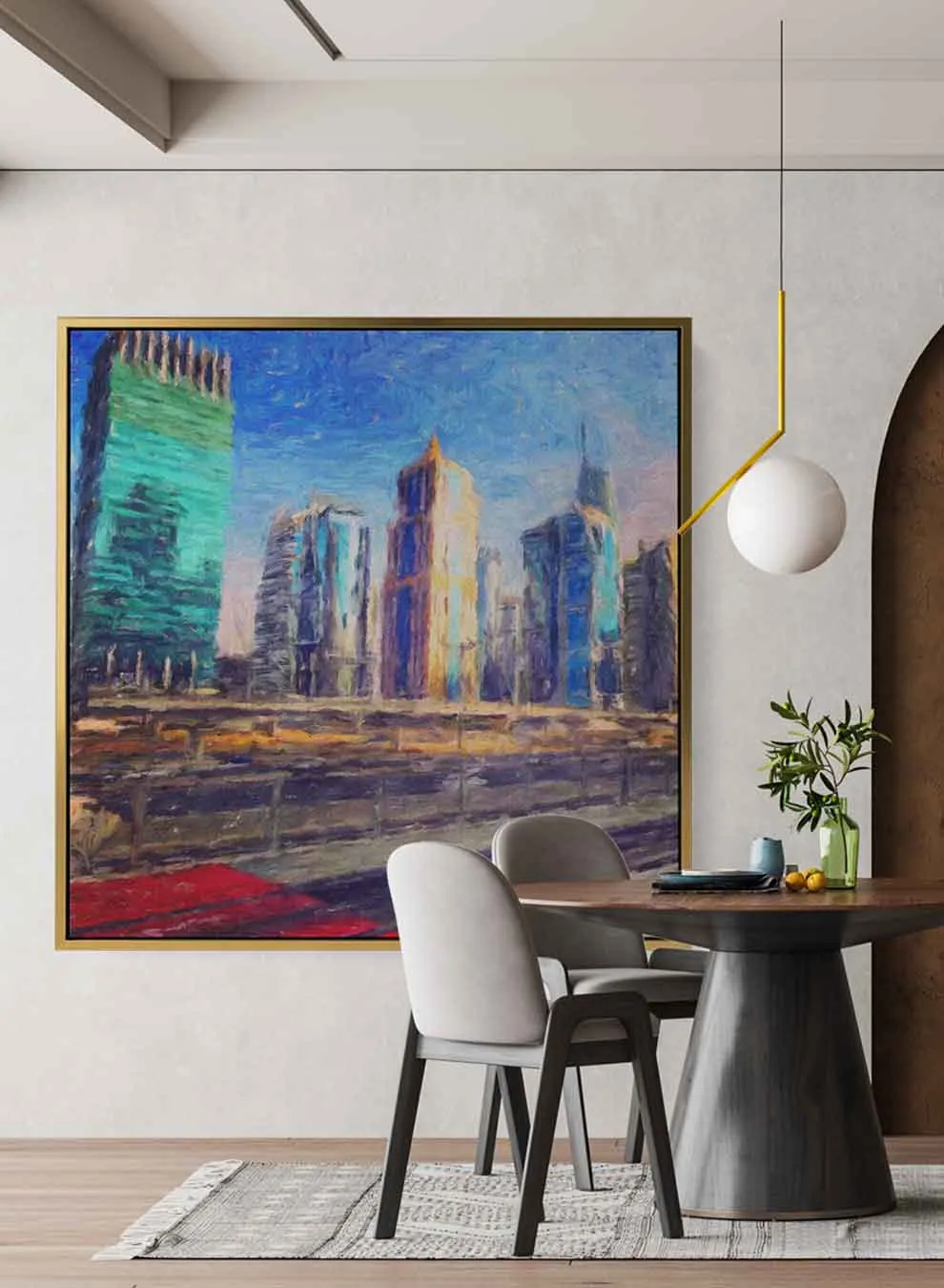 Square Canvas Wall Art Stretched Over Wooden Frame with Gold Floating Frame and Boat Oil Painting