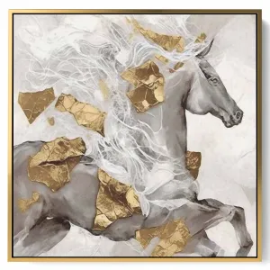Square Canvas Wall Art Stretched Over Wooden Frame with Gold Floating Frame and Butterflies Oil Painting