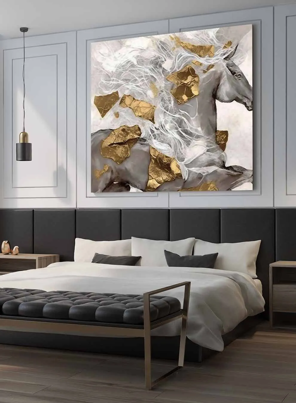 Square Canvas Wall Art Stretched Over Wooden Frame with Gold Floating Frame and Butterflies Oil Painting