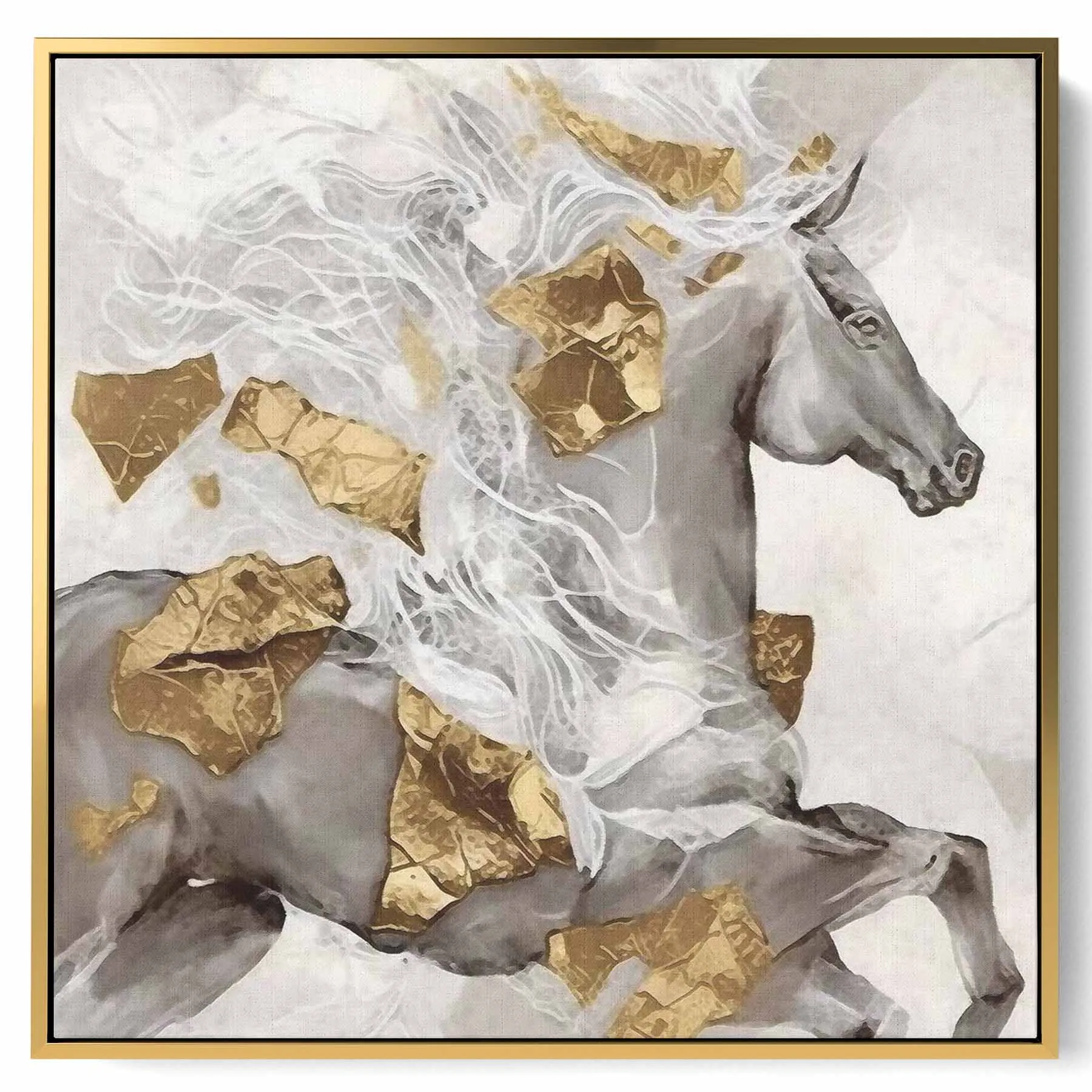 Square Canvas Wall Art Stretched Over Wooden Frame with Gold Floating Frame and Butterflies Oil Painting