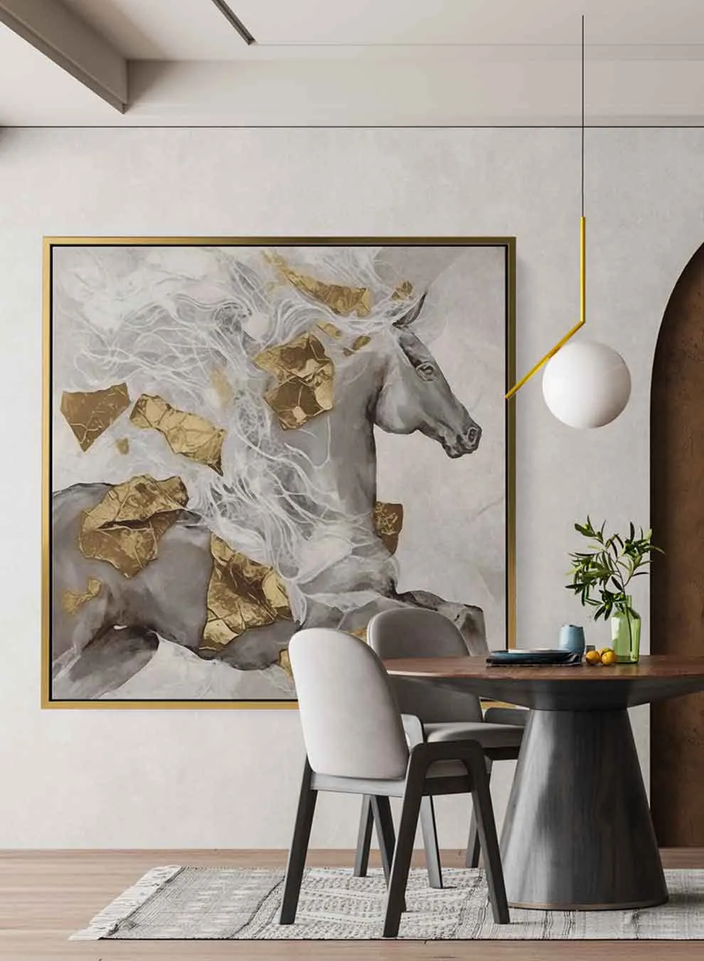 Square Canvas Wall Art Stretched Over Wooden Frame with Gold Floating Frame and Butterflies Oil Painting