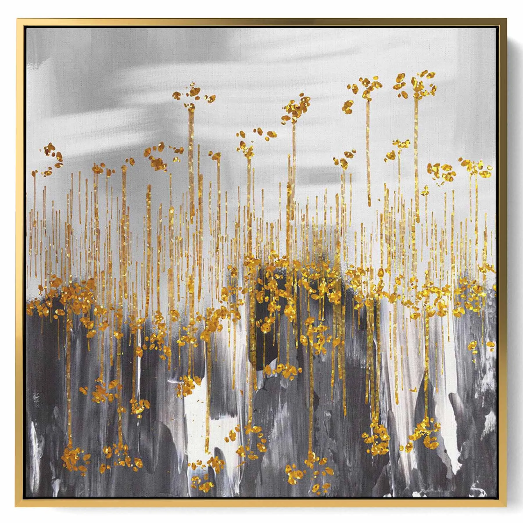 Square Canvas Wall Art Stretched Over Wooden Frame with Gold Floating Frame and Camels Crossing The Desert Painting