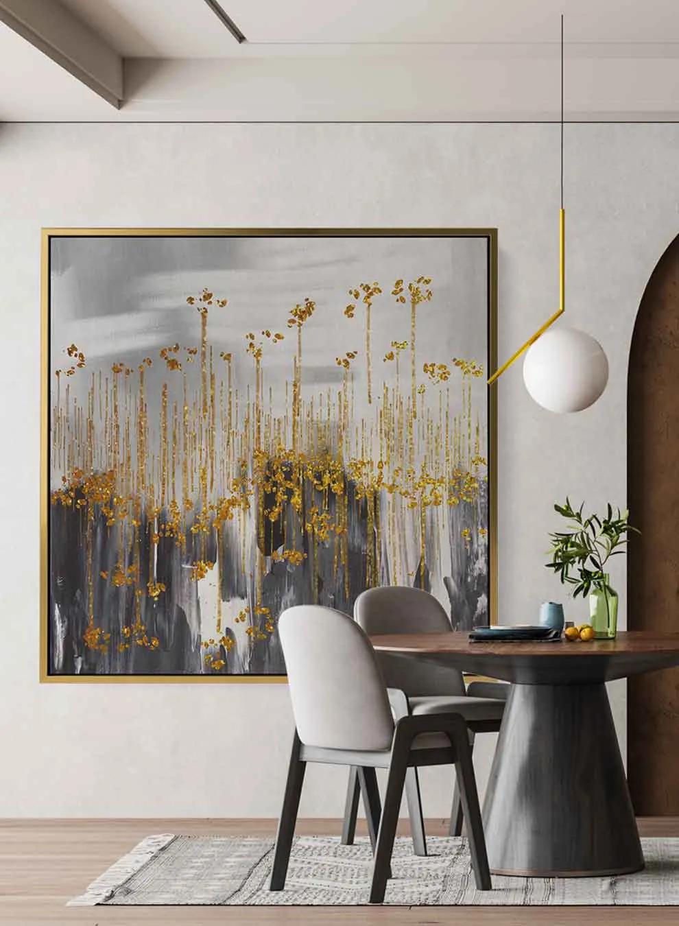Square Canvas Wall Art Stretched Over Wooden Frame with Gold Floating Frame and Camels Crossing The Desert Painting