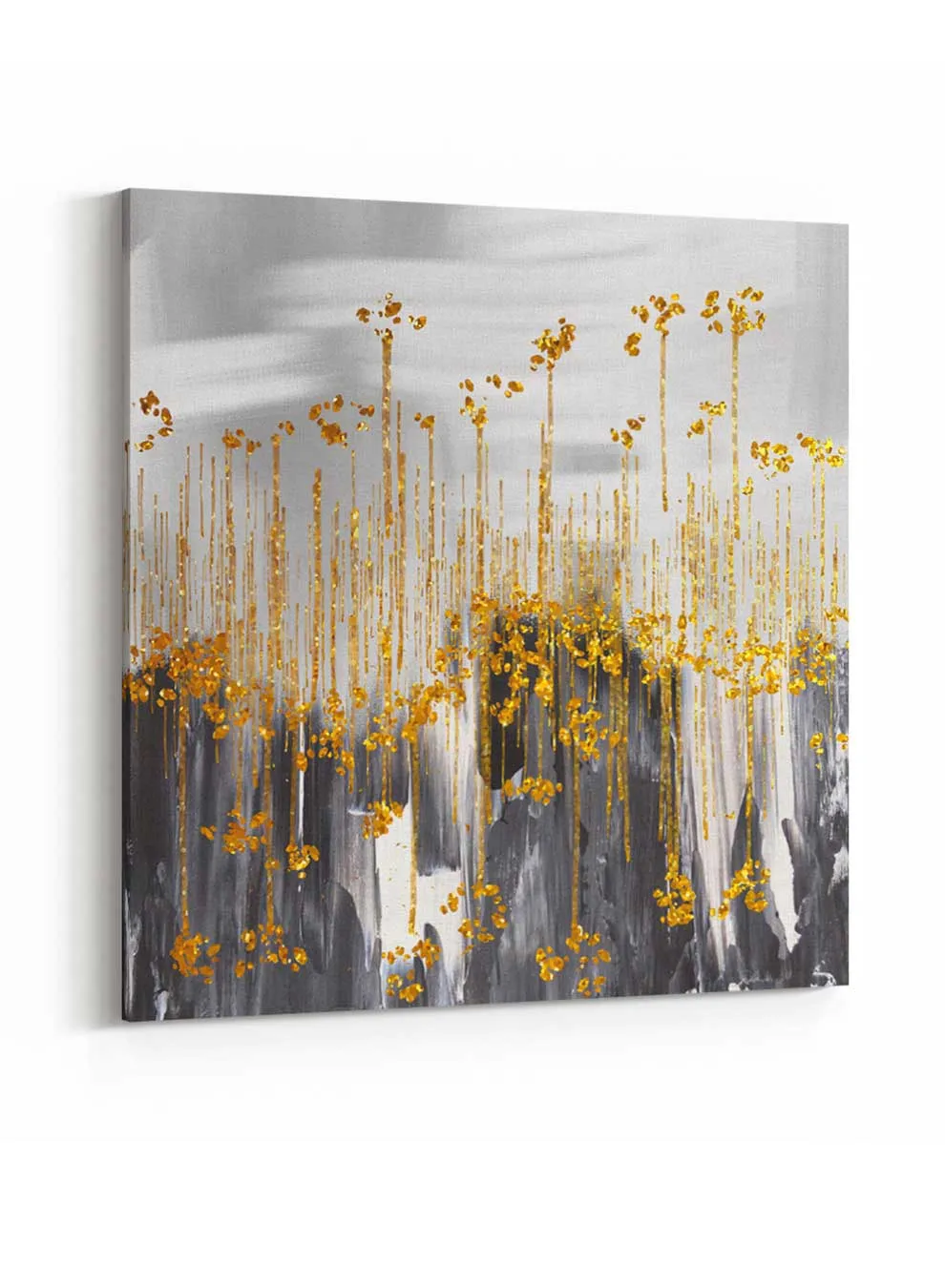 Square Canvas Wall Art Stretched Over Wooden Frame with Gold Floating Frame and Camels Crossing The Desert Painting