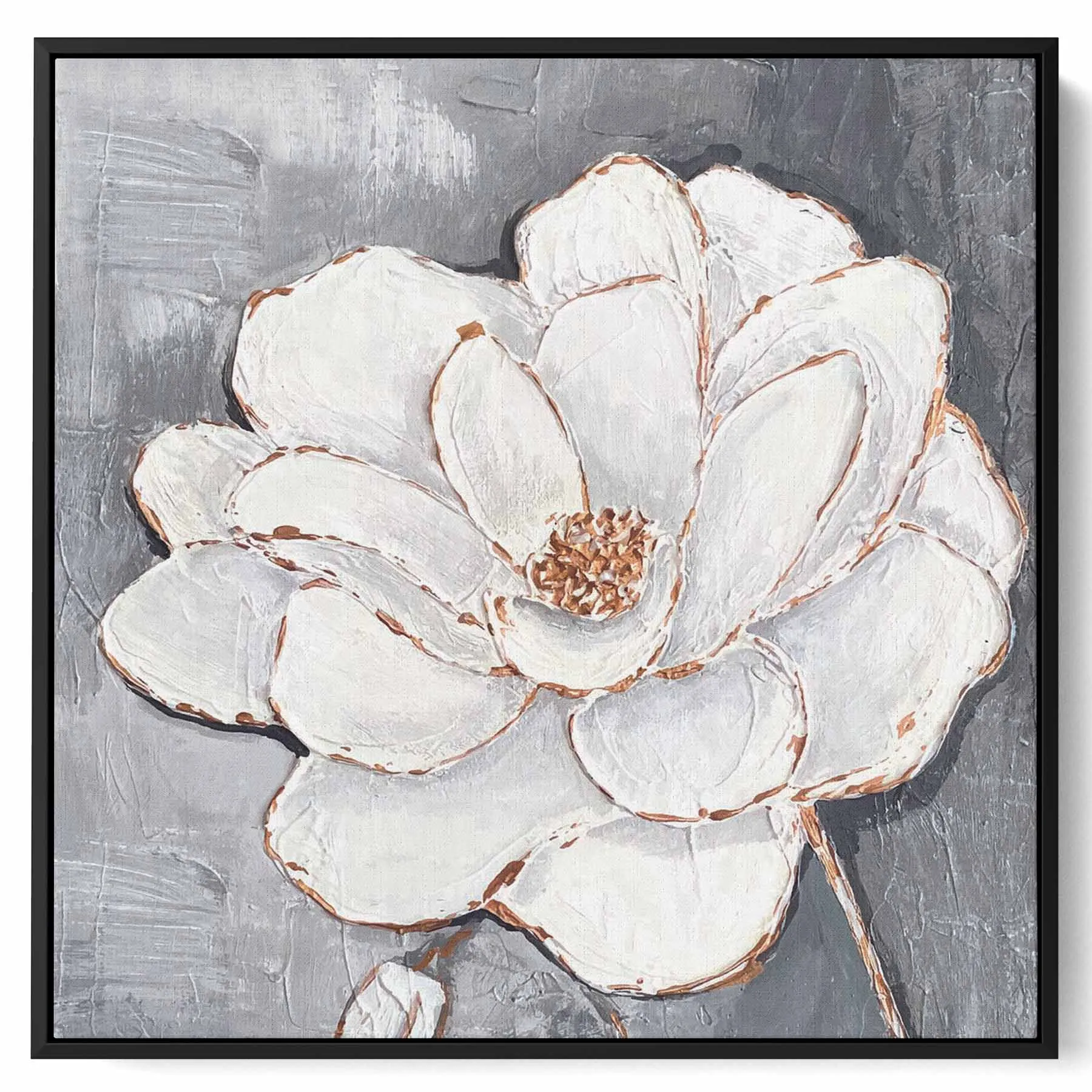 Square Canvas Wall Art Stretched Over Wooden Frame with Gold Floating Frame and Flower Pattern Painting
