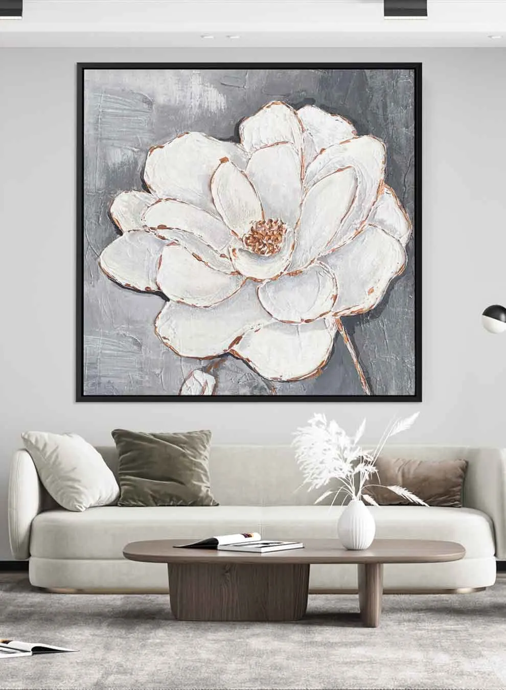 Square Canvas Wall Art Stretched Over Wooden Frame with Gold Floating Frame and Flower Pattern Painting