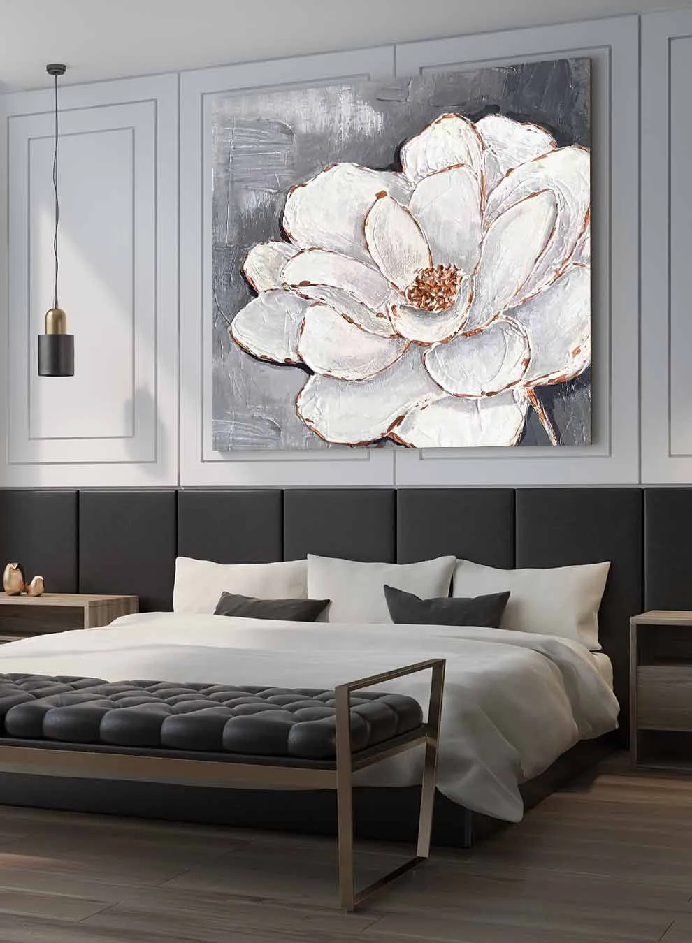 Square Canvas Wall Art Stretched Over Wooden Frame with Gold Floating Frame and Flower Pattern Painting