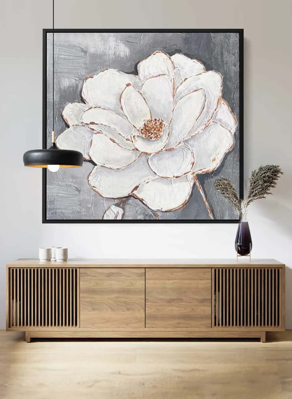 Square Canvas Wall Art Stretched Over Wooden Frame with Gold Floating Frame and Flower Pattern Painting
