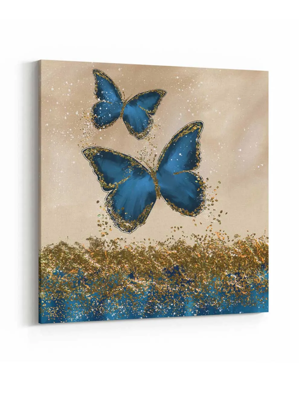 Square Canvas Wall Art Stretched Over Wooden Frame with Gold Floating Frame and Golden Mountains Painting