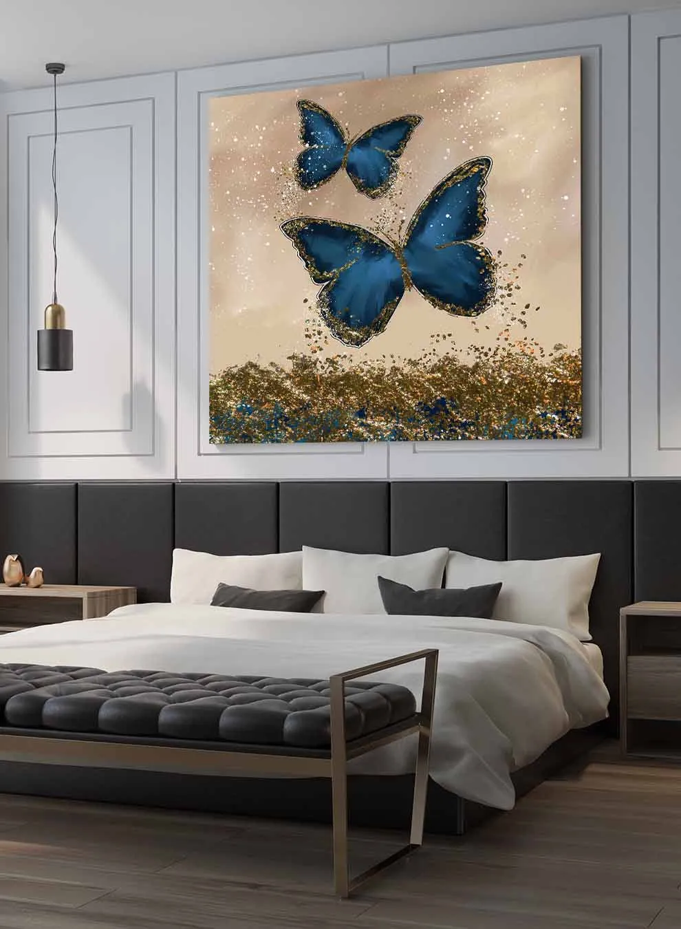 Square Canvas Wall Art Stretched Over Wooden Frame with Gold Floating Frame and Golden Mountains Painting
