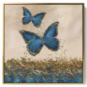 Square Canvas Wall Art Stretched Over Wooden Frame with Gold Floating Frame and Golden Mountains Painting