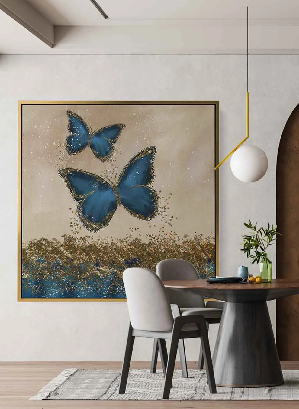 Square Canvas Wall Art Stretched Over Wooden Frame with Gold Floating Frame and Golden Mountains Painting