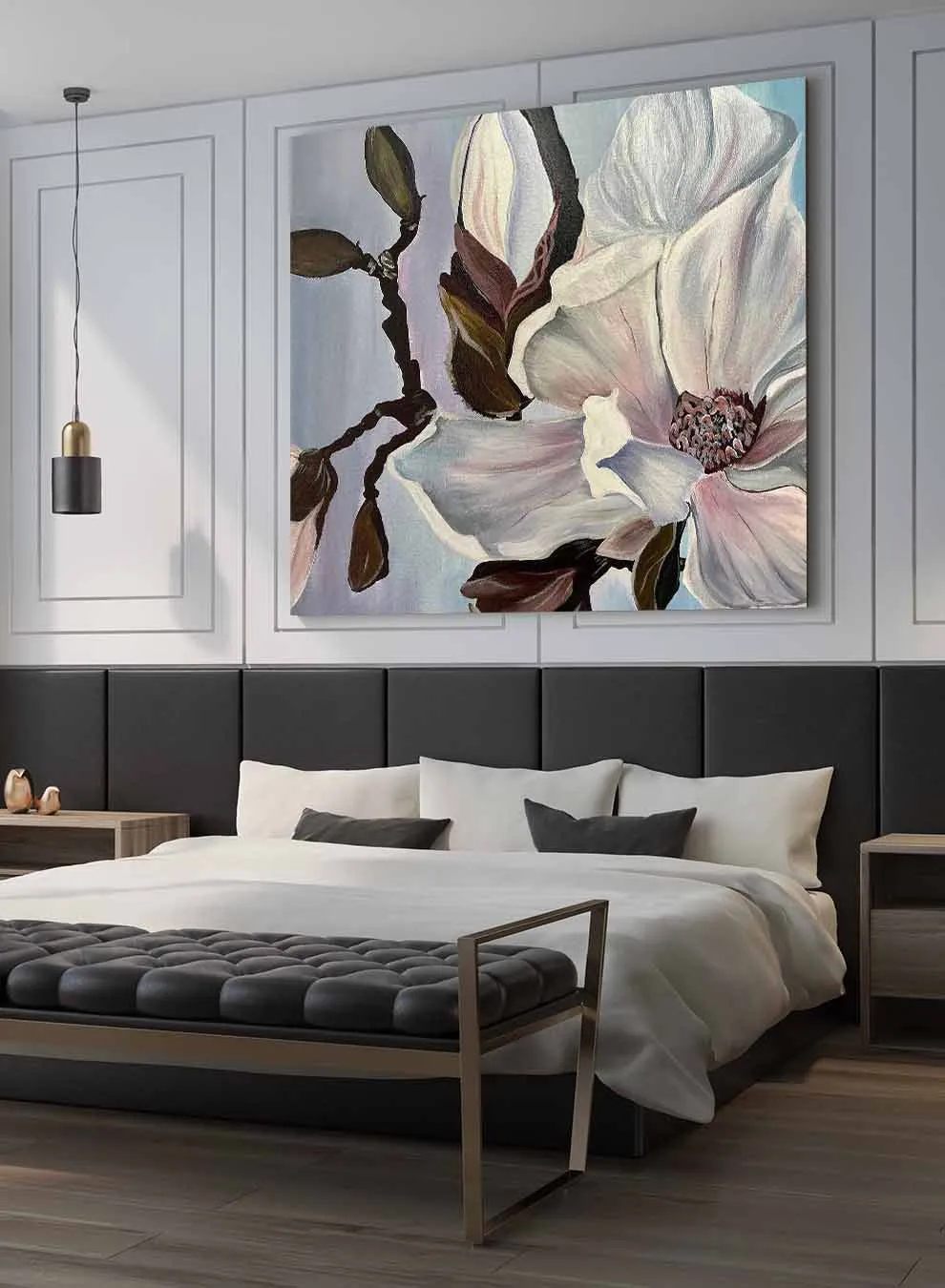 Square Canvas Wall Art Stretched Over Wooden Frame with Gold Floating Frame and Golden Woods Abstract Painting