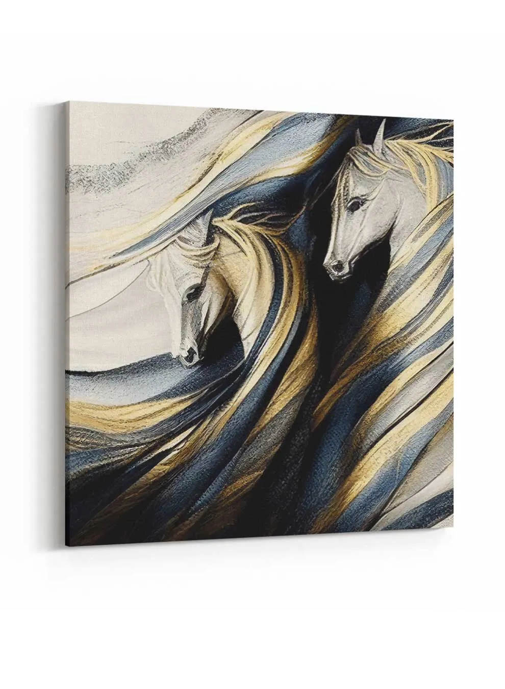 Square Canvas Wall Art Stretched Over Wooden Frame with Gold Floating Frame and Horse Couple Oil Painting