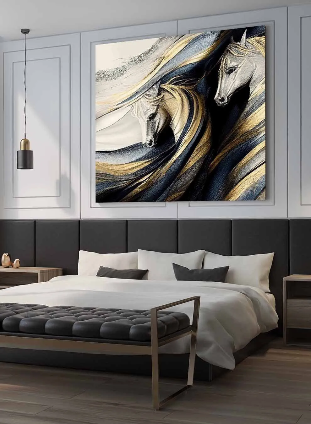 Square Canvas Wall Art Stretched Over Wooden Frame with Gold Floating Frame and Horse Couple Oil Painting