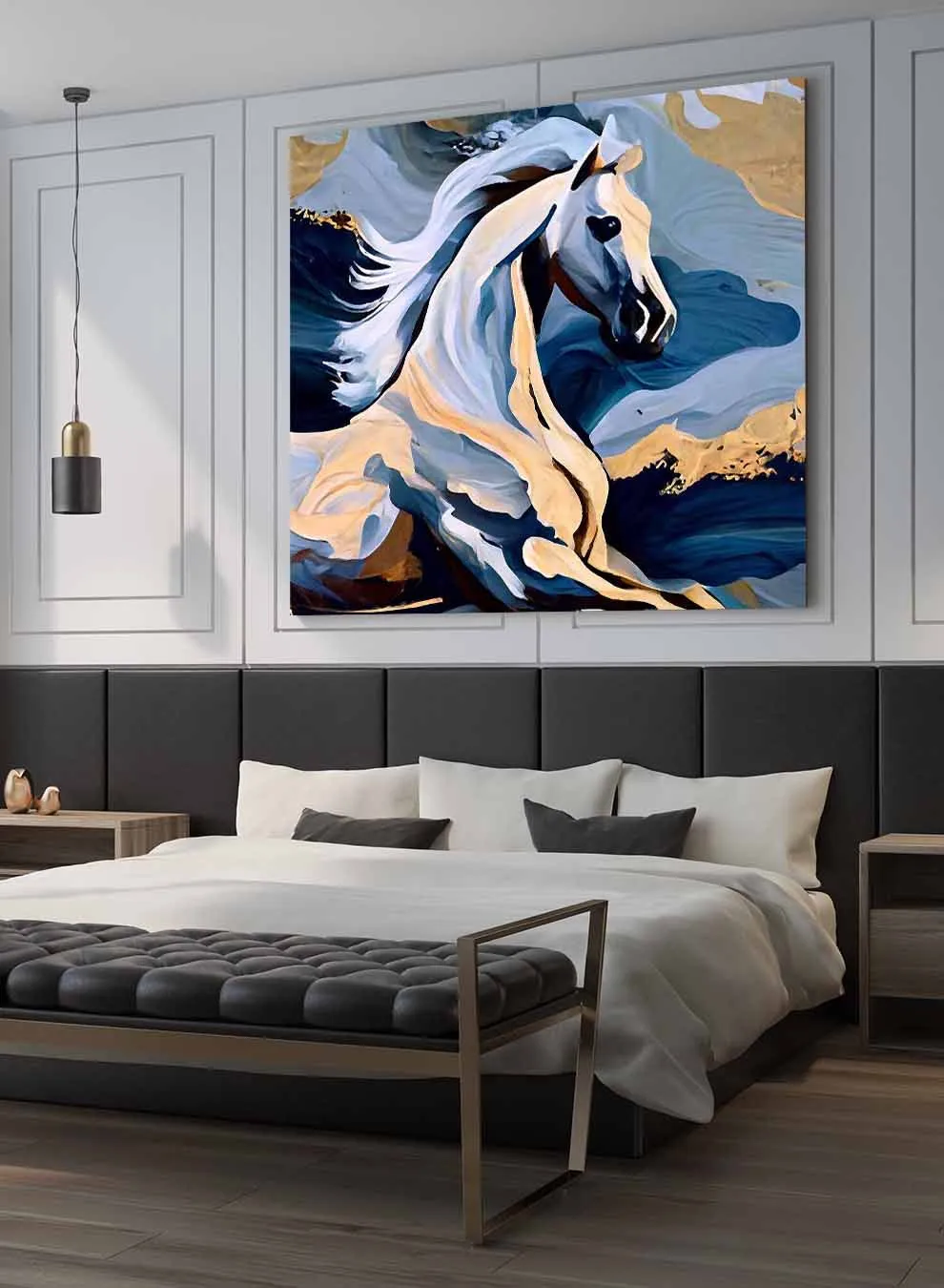 Square Canvas Wall Art Stretched Over Wooden Frame with Gold Floating Frame and Horse Eyes Abstract Painting
