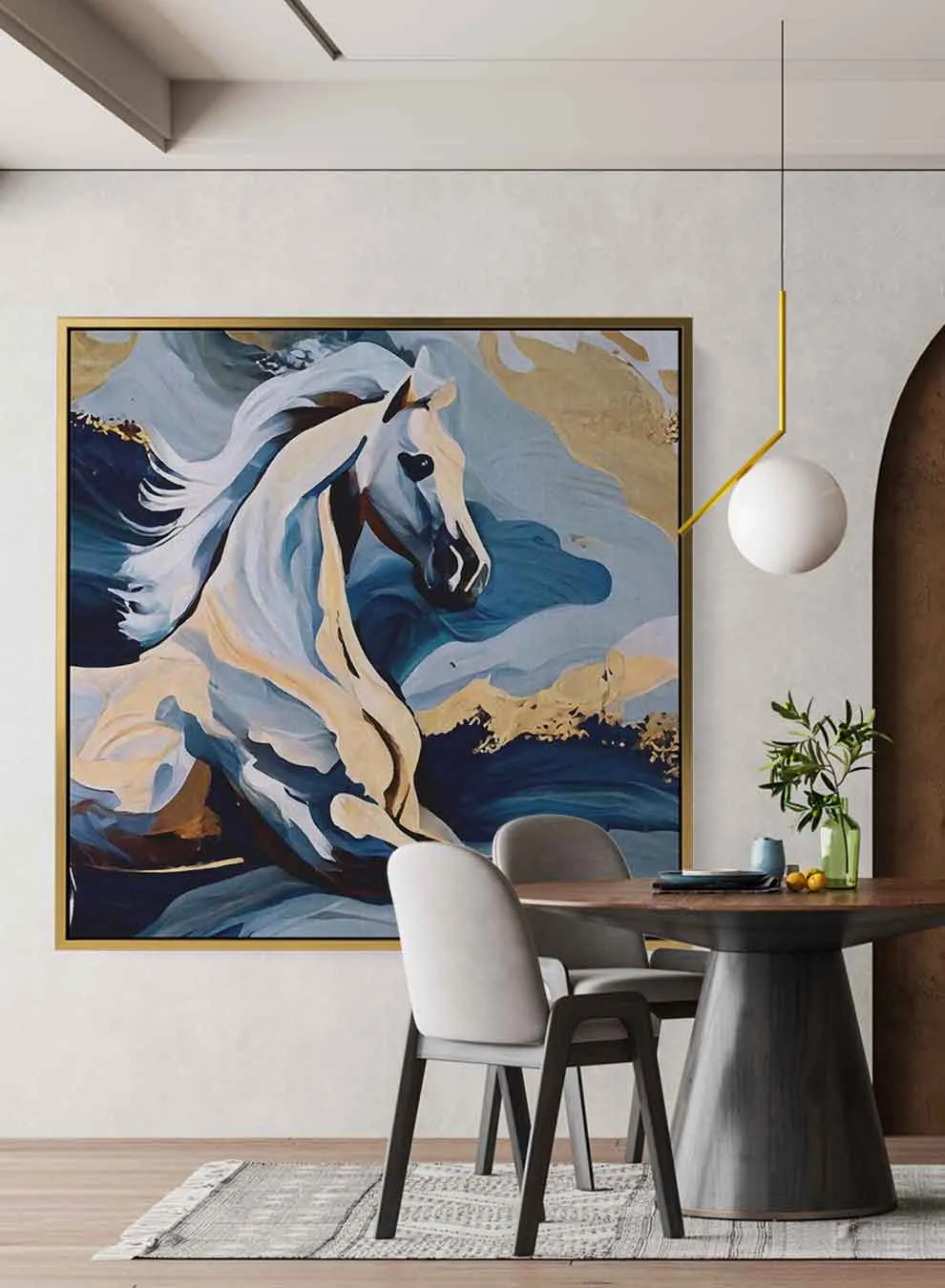 Square Canvas Wall Art Stretched Over Wooden Frame with Gold Floating Frame and Horse Eyes Abstract Painting