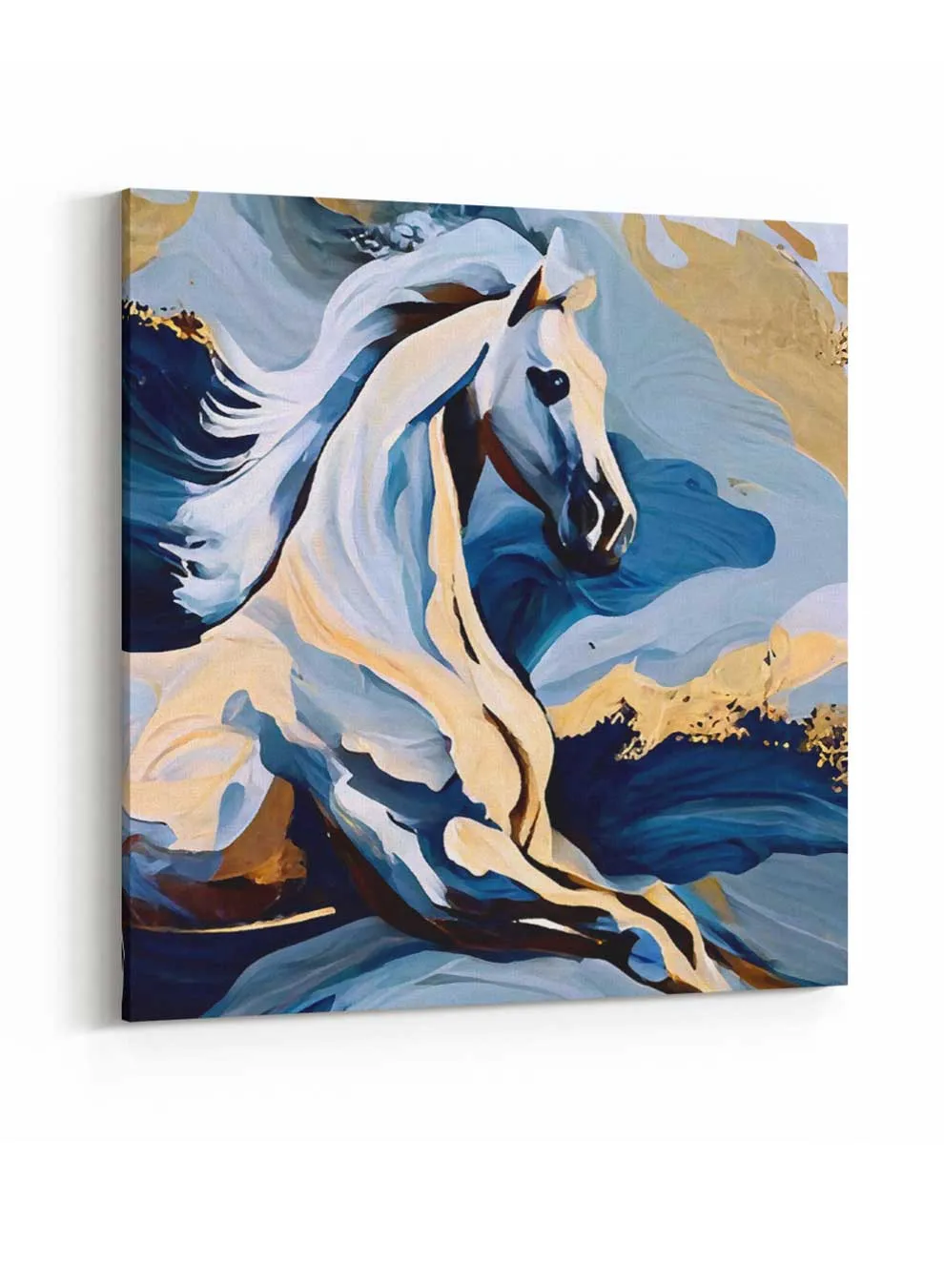 Square Canvas Wall Art Stretched Over Wooden Frame with Gold Floating Frame and Horse Eyes Abstract Painting