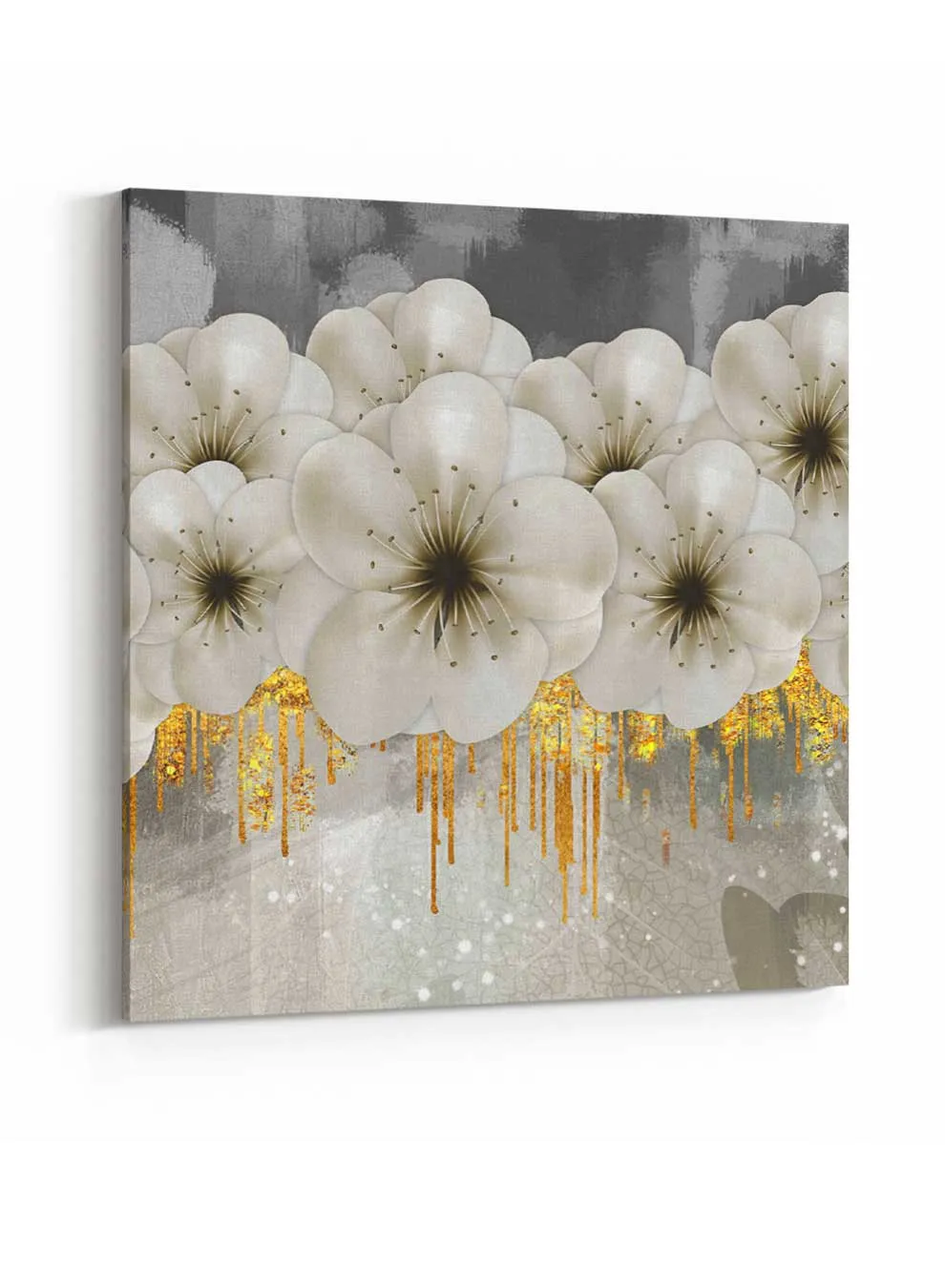 Square Canvas Wall Art Stretched Over Wooden Frame with Gold Floating Frame and Landscape With Cliffs Painting