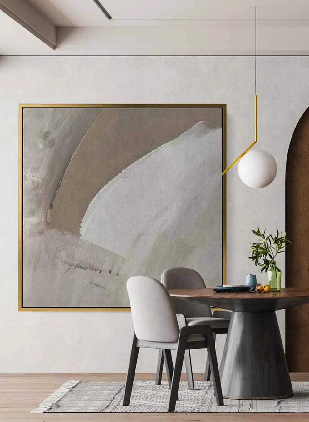 Square Canvas Wall Art Stretched Over Wooden Frame with Gold Floating Frame and Modern Abstract Painting