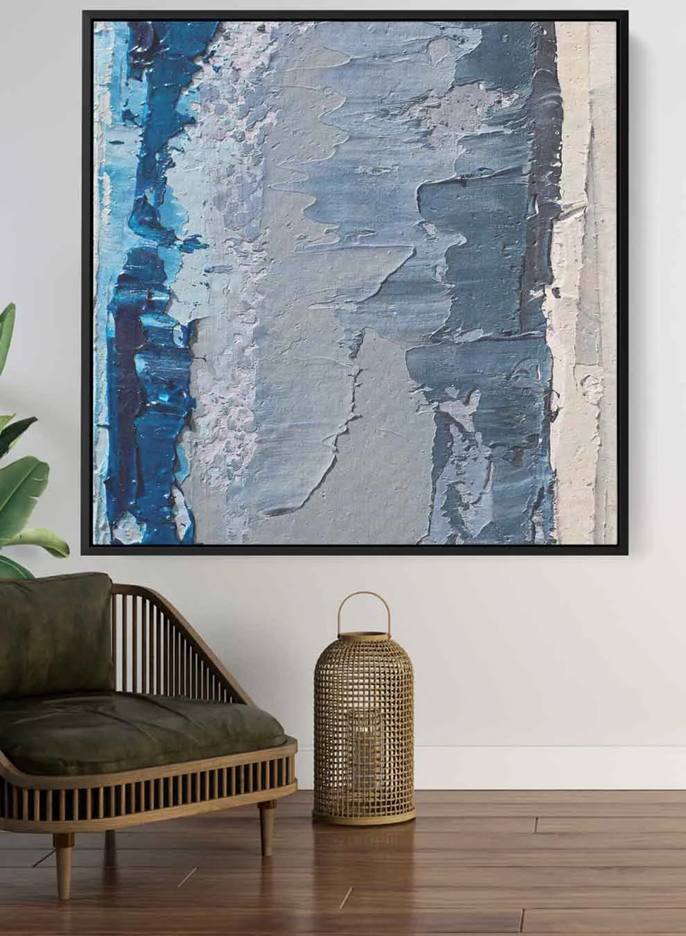 Square Canvas Wall Art Stretched Over Wooden Frame with Gold Floating Frame and Modern City Oil Painting