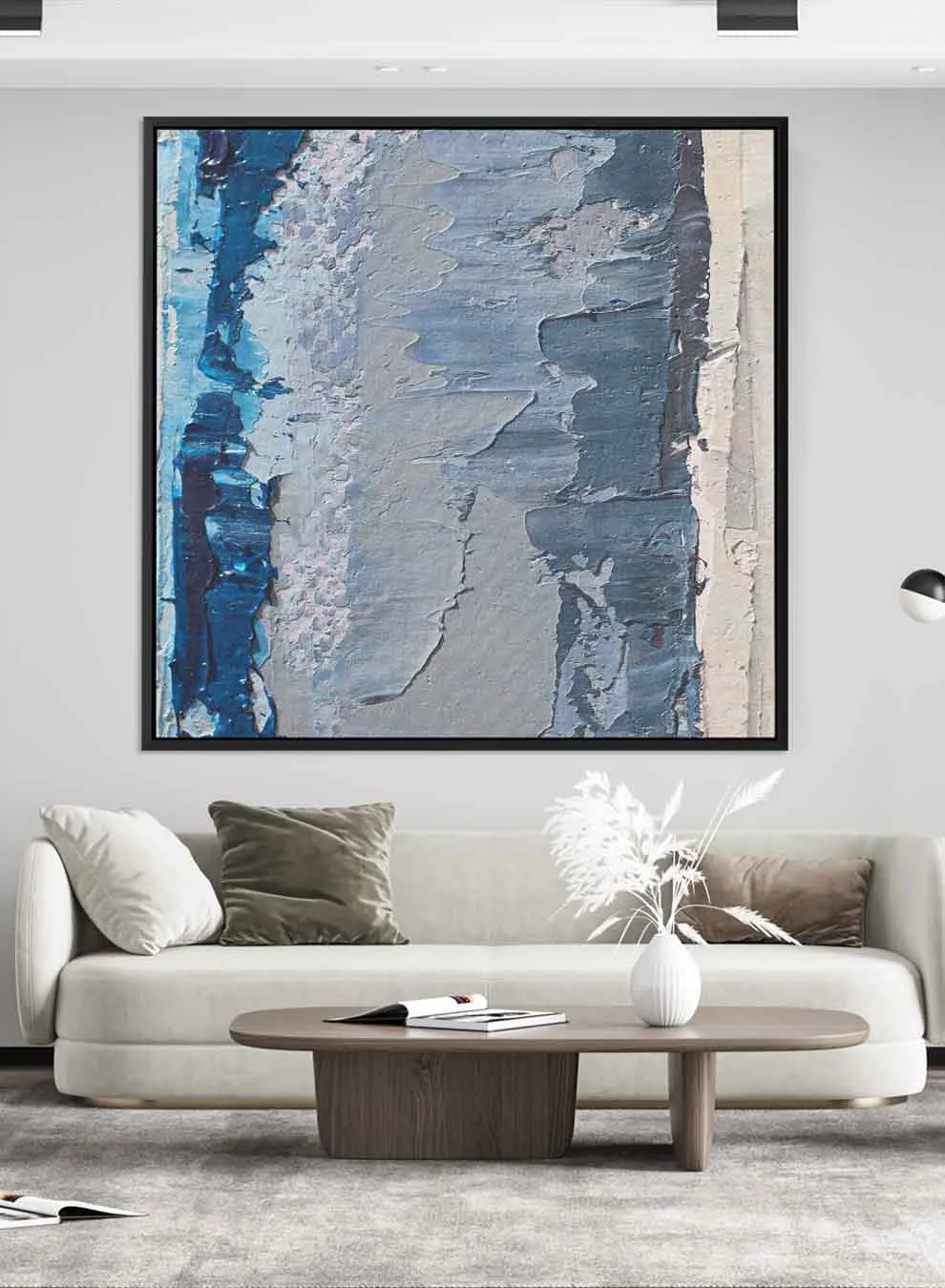 Square Canvas Wall Art Stretched Over Wooden Frame with Gold Floating Frame and Modern City Oil Painting