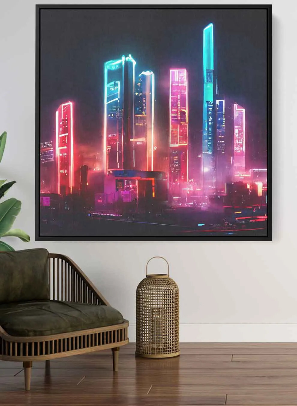 Square Canvas Wall Art Stretched Over Wooden Frame with Gold Floating Frame and New York City Painting