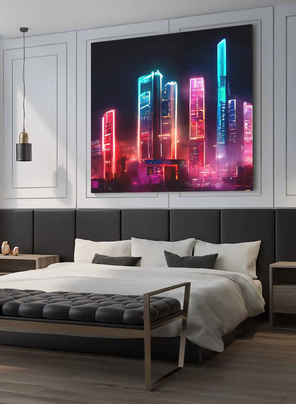 Square Canvas Wall Art Stretched Over Wooden Frame with Gold Floating Frame and New York City Painting