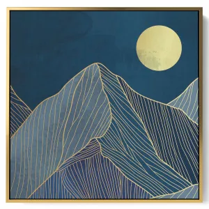 Square Canvas Wall Art Stretched Over Wooden Frame with Gold Floating Frame and Sunrise On The Mountains Painting