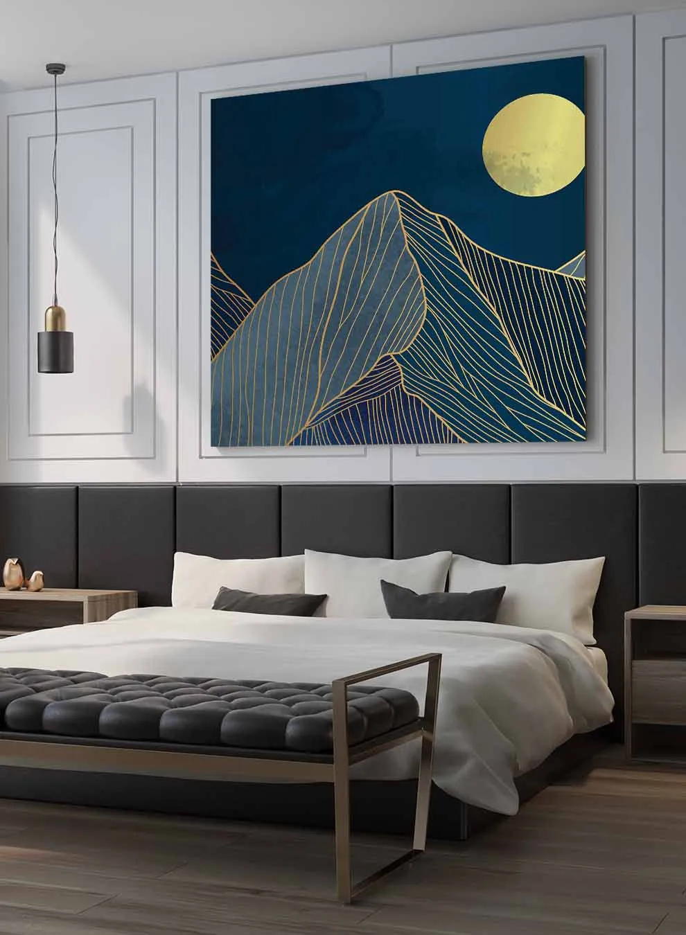 Square Canvas Wall Art Stretched Over Wooden Frame with Gold Floating Frame and Sunrise On The Mountains Painting