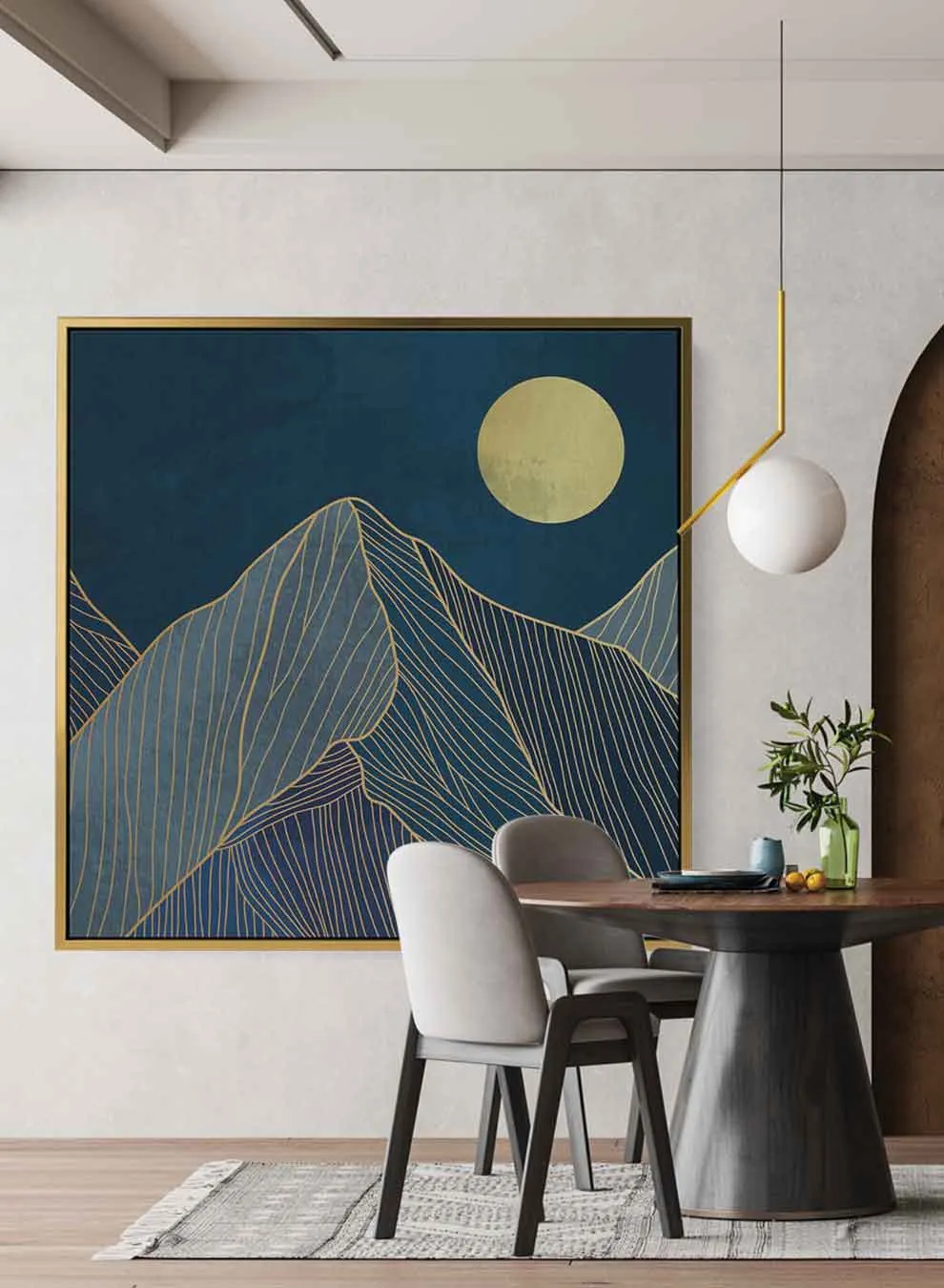 Square Canvas Wall Art Stretched Over Wooden Frame with Gold Floating Frame and Sunrise On The Mountains Painting