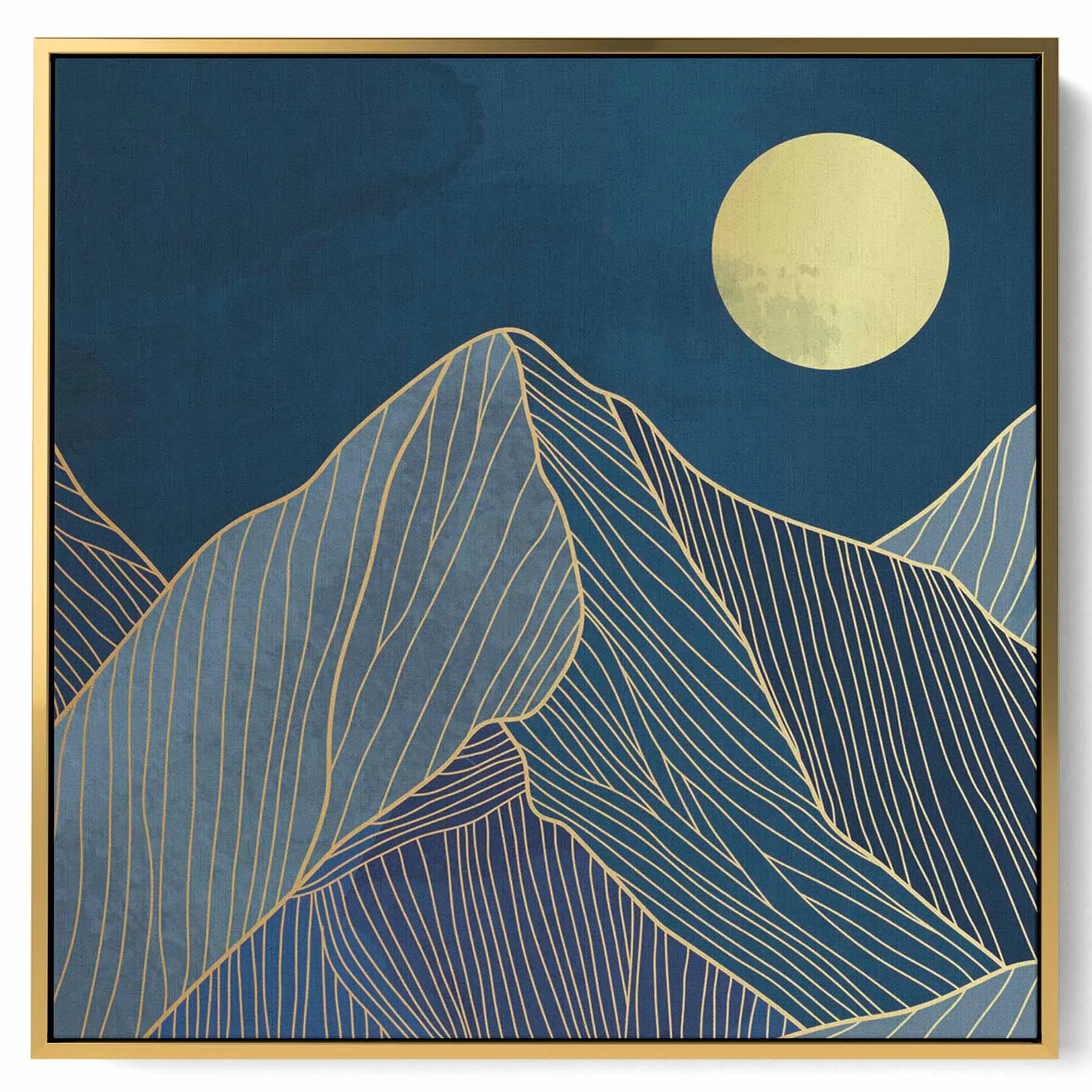 Square Canvas Wall Art Stretched Over Wooden Frame with Gold Floating Frame and Sunrise On The Mountains Painting