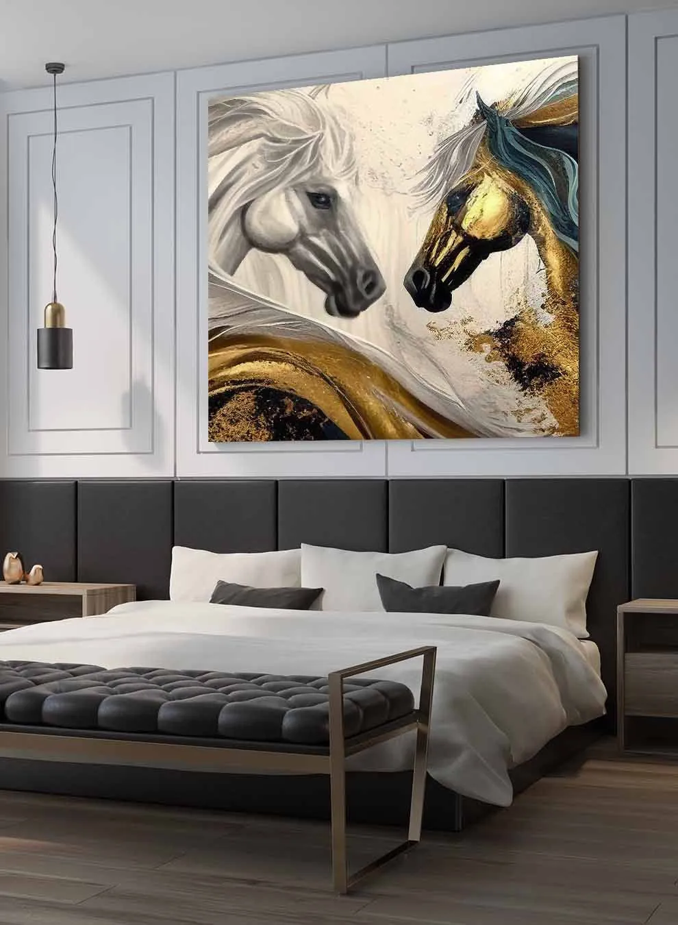 Square Canvas Wall Art Stretched Over Wooden Frame with Gold Floating Frame and Sunset Abstract Painting