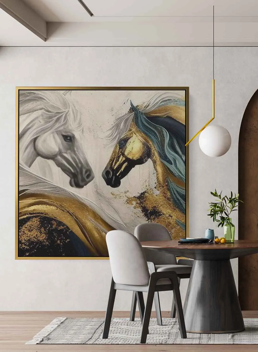 Square Canvas Wall Art Stretched Over Wooden Frame with Gold Floating Frame and Sunset Abstract Painting