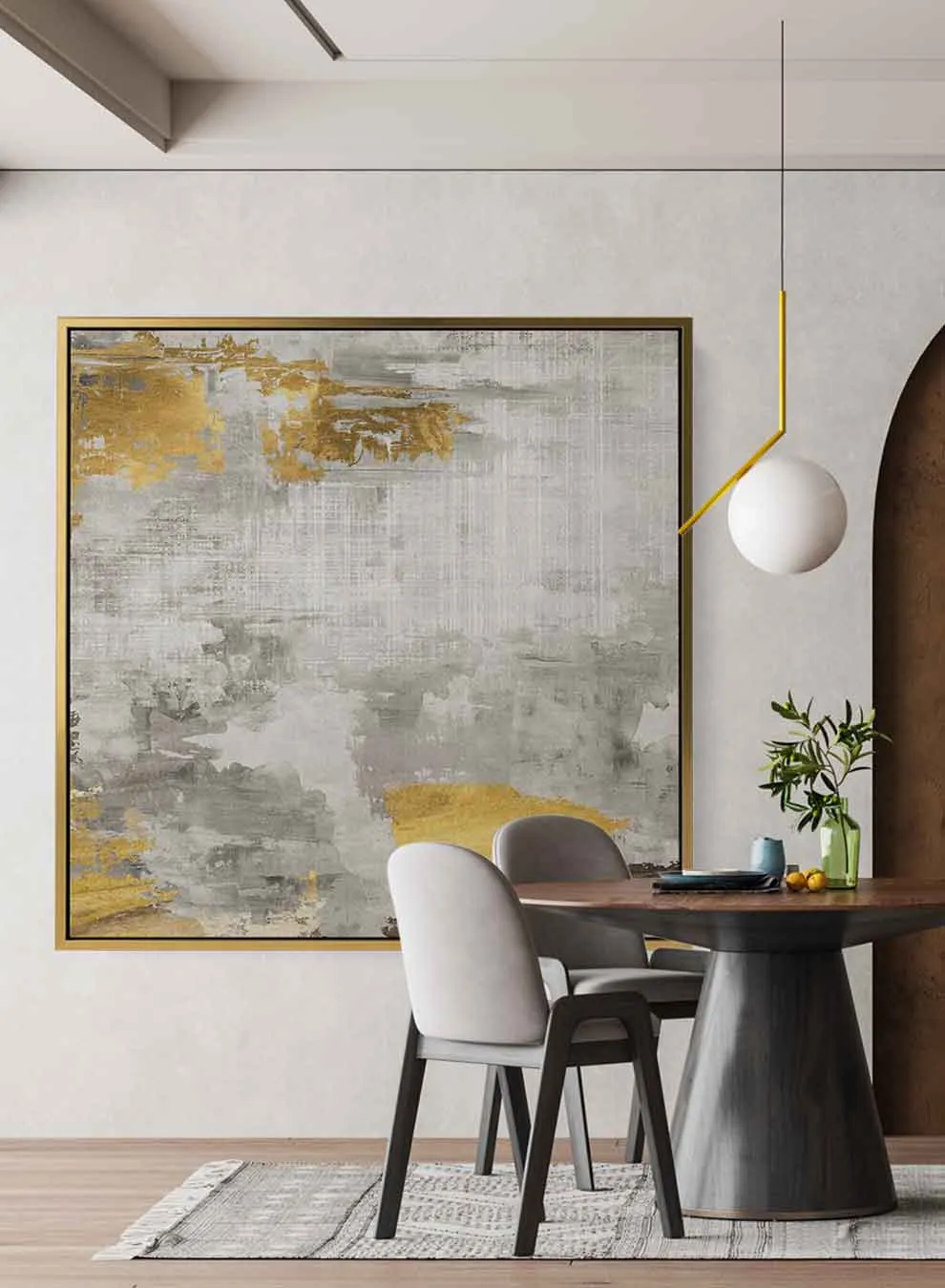 Square Canvas Wall Art Stretched Over Wooden Frame with Gold Floating Frame and Texture Oil Painting